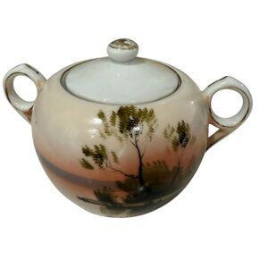 Shofu Made In Japan Porcelain  Hand Painted Sugarer Landscape with sunset